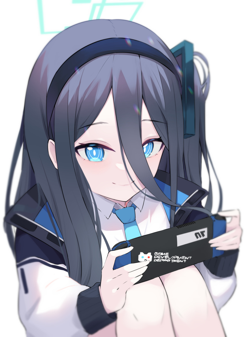 1girl absurdly_long_hair absurdres arisu_(blue_archive) blue_archive blue_eyes blue_hair bright_pupils collared_shirt dark_blue_hair full_body halo highres jacket long_hair looking_at_viewer melonkatsu necktie nintendo_switch open_clothes open_jacket shirt smile solo very_long_hair white_pupils