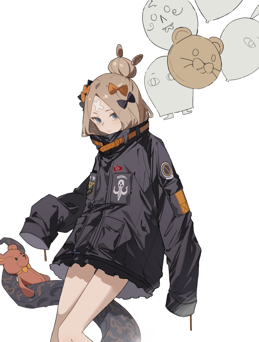 1girl :| abigail_williams_(fate) abigail_williams_(traveling_outfit)_(fate) animal_balloon balloon bangs belt black_bow black_jacket blonde_hair blue_eyes bow closed_mouth cowboy_shot crossed_bandaids expressionless fate/grand_order fate_(series) forehead fou_(fate) hair_bow hair_bun highres holding holding_balloon jacket long_hair long_sleeves looking_at_viewer multiple_bows multiple_hair_bows nakamura_(wmfp3834) nitocris_(fate) official_alternate_costume official_alternate_hairstyle orange_belt orange_bow parted_bangs polka_dot polka_dot_bow simple_background single_hair_bun sleeves_past_fingers sleeves_past_wrists solo stuffed_animal stuffed_toy teddy_bear tentacles white_background