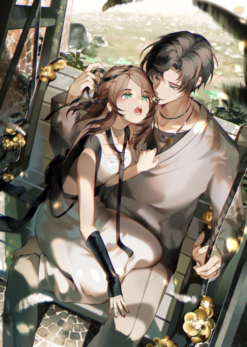 1boy 1girl artem_wing_(tears_of_themis) bangs barefoot black_hair black_necktie blue_eyes brown_hair brown_pants brown_shirt dress fingerless_gloves fingernails gloves green_eyes highres htwbjqdg8actmq6 long_hair nail_polish necktie open_mouth outdoors pants red_nails rosa_(tears_of_themis) shirt short_hair single_glove sitting sleeveless sleeveless_dress swing tears_of_themis white_dress