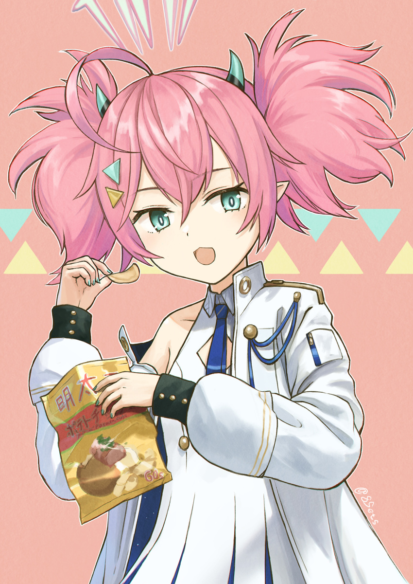 1girl 8sets ahoge artist_name bag_of_chips bangs blue_archive blue_necktie chips_(food) collarbone dress food green_eyes halo highres holding holding_food horns jacket long_sleeves looking_at_viewer medium_hair momoka_(blue_archive) necktie open_mouth pink_hair pocket pointy_ears potato_chips sleeveless sleeveless_dress solo twintails twitter_username upper_body watermark white_dress white_jacket