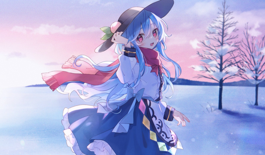 1girl black_headwear blue_hair blue_skirt blush buttons food food-themed_hat_ornament frilled_skirt frills fruit fruit_hat_ornament hair_between_eyes hat hat_ornament highres hinanawi_tenshi long_hair long_sleeves nig_18 open_mouth peach peach_hat_ornament rainbow_order red_eyes red_scarf scarf shirt skirt smile solo touhou white_shirt