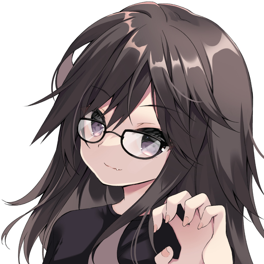 1girl bangs black-framed_eyewear black_hair black_shirt claw_pose closed_mouth fang fang_out glasses hair_between_eyes hand_up highres long_hair looking_at_viewer original purinpurin shirt simple_background smile solo upper_body violet_eyes white_background