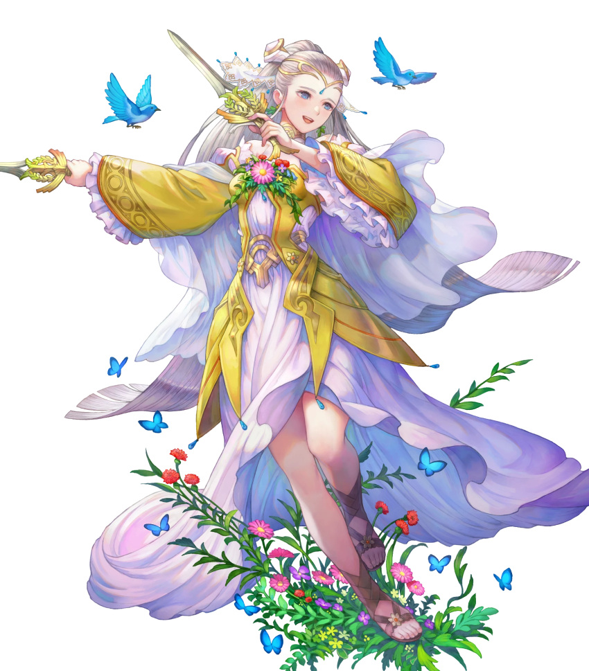 1girl animal bird blue_eyes breasts bug butterfly dagger detached_sleeves dress dual_wielding earrings eir_(fire_emblem) fire_emblem fire_emblem_heroes flower frills full_body gold_trim grey_hair haccan hair_ornament highres holding holding_weapon jewelry knife leg_up long_dress long_hair looking_away medium_breasts non-web_source official_art open_mouth ponytail sandals skirt smile teeth tiara toeless_footwear transparent_background upper_teeth very_long_hair weapon wide_sleeves