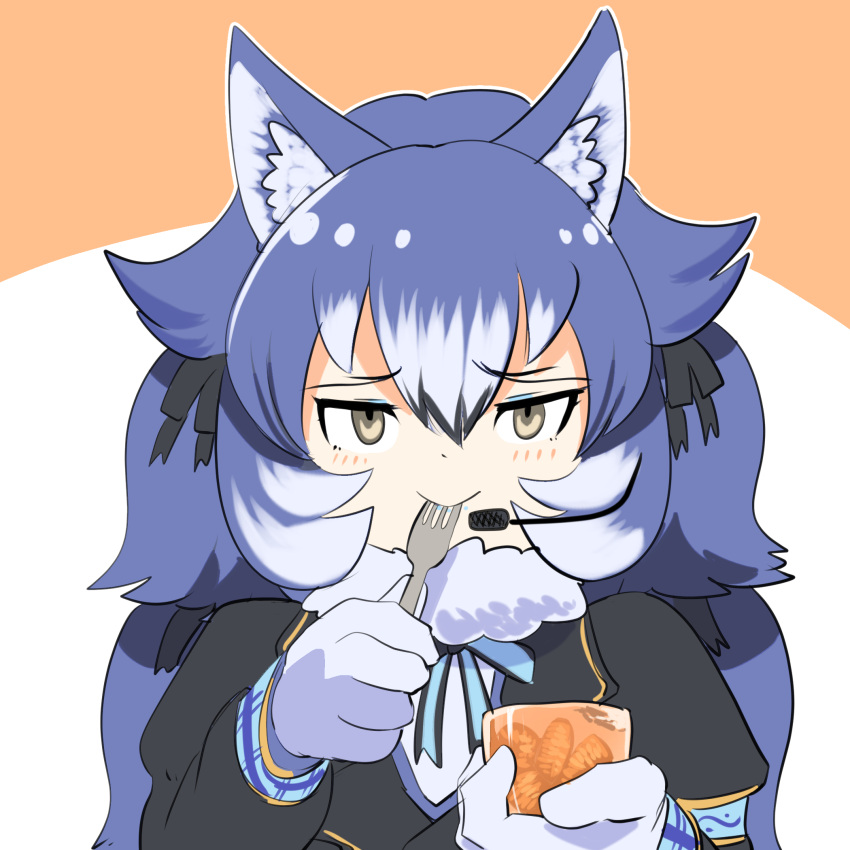 1girl animal_costume animal_ear_fluff animal_ears blazer blue_hair bow bowtie dire_wolf_(kemono_friends) extra_ears food fork gloves grey_eyes highres jacket kemono_friends kemono_friends_v_project lipstick long_hair looking_at_viewer makeup mcgunngu ribbon scarf simple_background solo sweets twintails virtual_youtuber wolf_costume wolf_ears wolf_girl