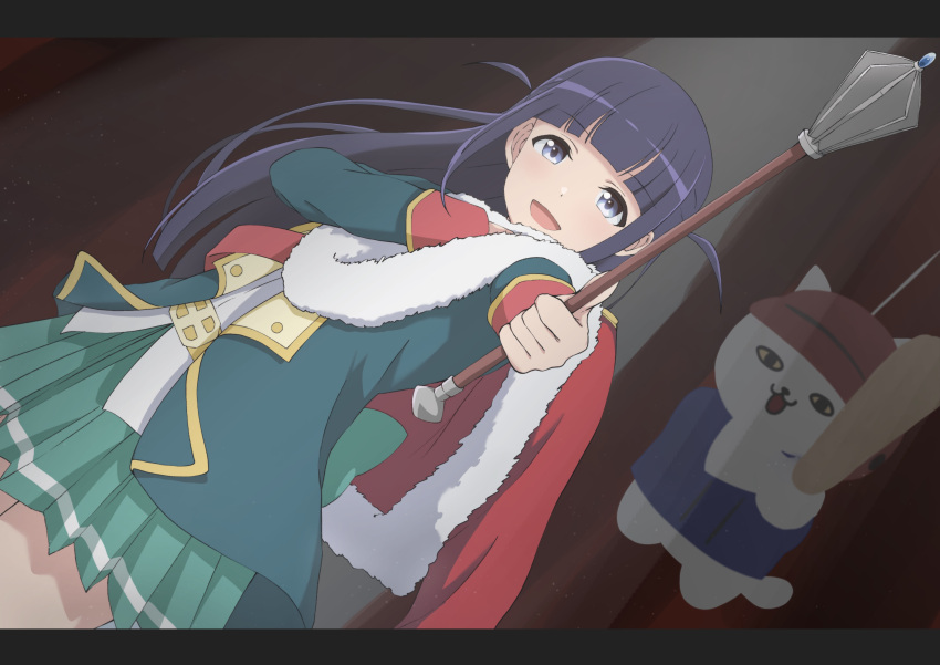 1girl :d absurdres aqua_jacket bangs belt black_hair blue_eyes blunt_bangs blunt_ends commentary_request cowboy_shot crust_gm0 curtains dutch_angle fur-trimmed_jacket fur_trim green_skirt hand_on_own_arm hands_up highres holding holding_weapon indoors jacket jacket_on_shoulders letterboxed light_particles long_hair long_sleeves looking_at_viewer mace miniskirt open_mouth outstretched_arm pleated_skirt red_jacket red_sash sash shirt shoujo_kageki_revue_starlight shoulder_sash sidelocks single_stripe skirt smile solo standing striped striped_skirt tsuyuzaki_mahiru two_side_up weapon white_shirt yellow_belt