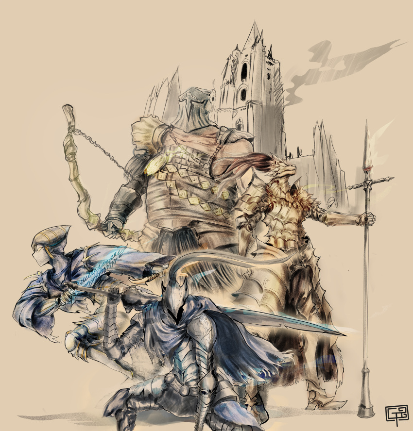 1girl 3boys absurdres animal_helmet armor artorias_the_abysswalker bow cape dark_souls_(series) dark_souls_i deoramaprasetio dragon_slayer_ornstein full_armor hawkeye_gough helm helmet highres knight lord's_blade_ciaran mask multiple_boys polearm shoulder_armor sword weapon