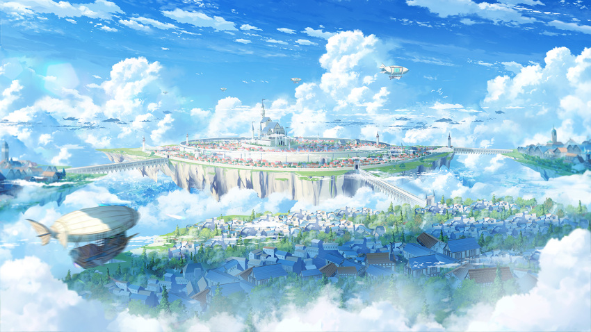 aircraft airship arch blue_sky bridge building chinese_commentary church city cityscape clouds commentary contrail day fantasy floating_island gate house motion_blur original outdoors scenery sky tree wall window xingyue_ling