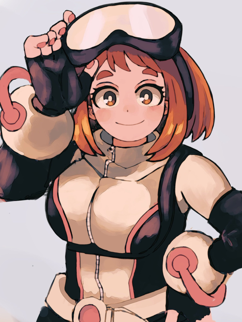 1girl 2022 bangs black_gloves boku_no_hero_academia brown_eyes brown_hair closed_mouth concentratedmdk gloves goggles goggles_on_head hand_on_hip highres looking_at_viewer sidelocks smile solo uraraka_ochako zipper