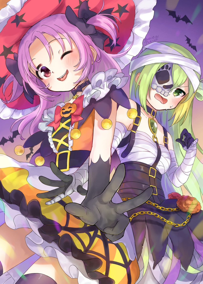 2girls alina_gray alina_gray_(halloween_ver.) asukaru_(magika_ru) bandaged_arm bandages bangs blush bubble_skirt chain choker frills green_eyes green_hair hair_ornament halloween halloween_costume hat highres looking_at_viewer magia_record:_mahou_shoujo_madoka_magica_gaiden magical_girl mahou_shoujo_madoka_magica mask_over_one_eye medium_hair misono_karin misono_karin_(halloween_ver.) multicolored_clothes multiple_girls official_alternate_costume open_mouth parted_bangs parted_hair pumpkin purple_hair ribbon sarashi skirt smile star_(symbol) two_side_up v violet_eyes