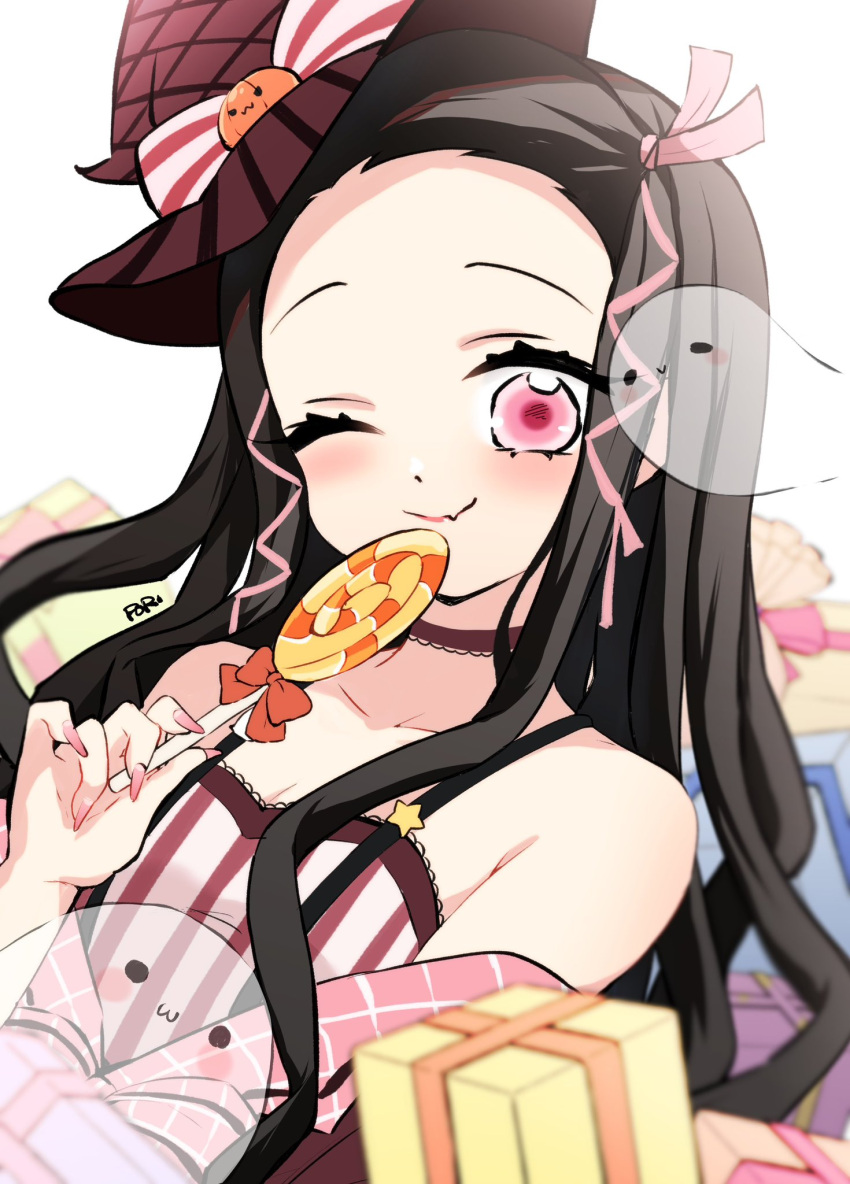 1girl bare_shoulders black_hair breasts candy closed_mouth dress food forehead gift hair_ribbon hat highres kamado_nezuko kimetsu_no_yaiba long_hair multicolored_hair one_eye_closed pink_eyes pink_ribbon pori_(kmt_pori) ribbon small_breasts smile solo witch_hat