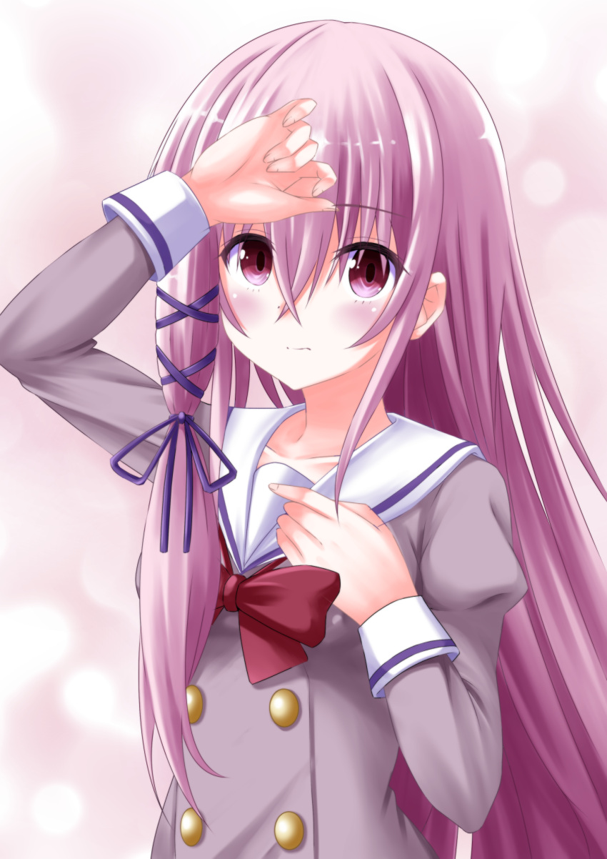 1girl arm_up bangs blush bow closed_mouth commentary_request dress engage_kiss grey_dress hair_between_eyes hair_ribbon highres juliet_sleeves kaze_makase kisara_(engage_kiss) long_hair long_sleeves looking_at_viewer pink_hair puffy_sleeves purple_ribbon red_bow ribbon sailor_collar sailor_dress solo very_long_hair violet_eyes white_sailor_collar