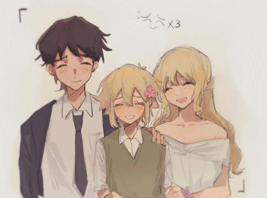 1girl 2boys bare_shoulders basil's_father_(omori) basil's_mother_(omori) basil_(omori) black_necktie blackwh01396023 blonde_hair blush brown_hair closed_mouth collared_shirt dress facing_viewer flower flower_bracelet green_sweater_vest hair_flower hair_ornament long_hair multiple_boys necktie off-shoulder_dress off_shoulder omori open_mouth shirt short_hair smile sweater_vest teeth upper_teeth white_dress white_shirt