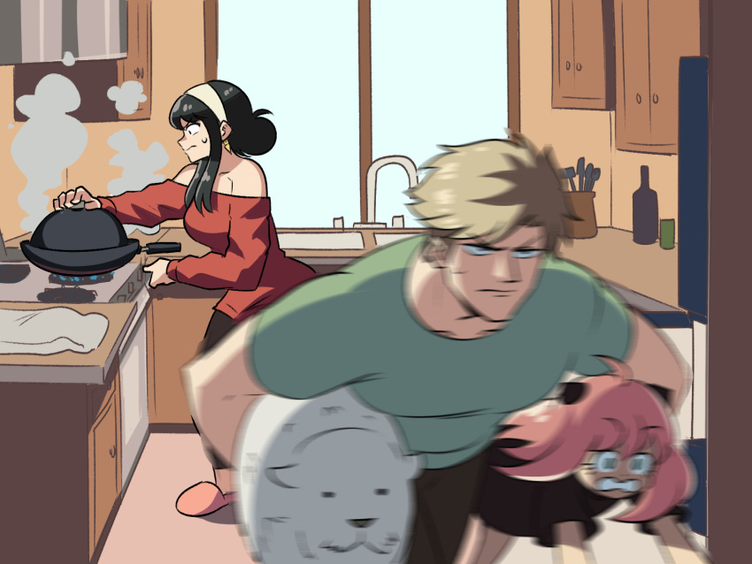 2girls anya_(spy_x_family) bangs bare_shoulders black_hair blonde_hair bond_(spy_x_family) carrying carrying_person carrying_under_arm child cooking dog dress female_child great_pyrenees green_eyes hairband hairpods highres kitchen meme multiple_girls pants pink_hair shirt slippers spy_x_family stove tina_fate twilight_(spy_x_family) window wok yoga_pants yor_briar