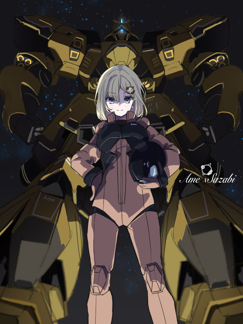 1girl absurdres alternate_color armor blonde_hair blue_eyes char's_counterattack gundam hair_ornament highres hololive hololive_english mecha mobile_suit_gundam monocle_hair_ornament pilot_helmet pilot_suit robot sazabi science_fiction short_hair smile solo tsukitoinu virtual_youtuber watson_amelia