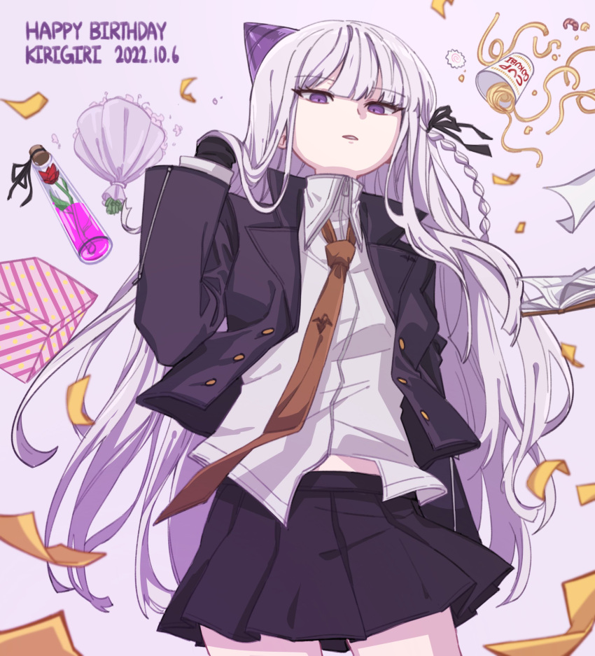 1girl absurdres bangs black_gloves black_jacket black_ribbon black_skirt bottle bouquet braid brown_necktie character_name collared_shirt confetti cowboy_shot danganronpa:_trigger_happy_havoc danganronpa_(series) dated food from_below gloves grey_background hair_ribbon happy_birthday hat highres jacket kirigiri_kyouko long_hair long_sleeves looking_at_viewer maem_(77lrik) miniskirt necktie noodles open_clothes open_jacket parted_lips party_hat pleated_skirt ramen ramen ribbon shirt side_braid simple_background skirt solo violet_eyes white_shirt