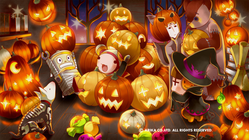 +_+ 1girl black_dress book candy dress food full_body halloween hat headphones highres long_sleeves multiple_boys official_art official_wallpaper open_mouth pumpkin smile technictix tree witch_hat