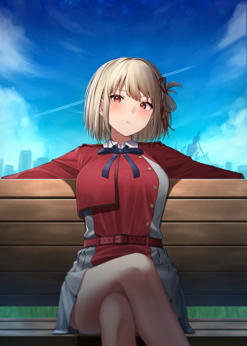 1girl absurdres belt blonde_hair blue_ribbon blue_sky blush bob_cut bow breasts city clouds collared_shirt contrail crossed_legs dress grey_dress hair_ribbon highres kuro_imu looking_at_viewer lycoris_recoil lycoris_uniform neck_ribbon nishikigi_chisato pleated_dress red_belt red_dress red_eyes red_ribbon ribbon shirt short_hair sitting skirt sky solo thighs two-tone_dress white_shirt