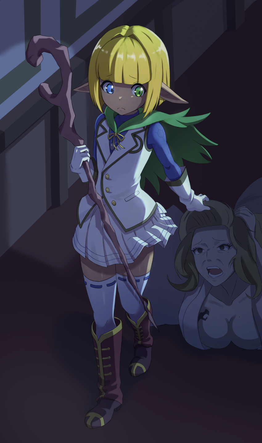 1boy 1girl absurdres bangs blonde_hair blue_eyes blue_shirt blunt_bangs boots breasts brown_footwear capelet closed_mouth dark_elf dark_skin dragging elf frown full_body gloves grabbing_another's_hair green_capelet green_eyes heterochromia highres hilma_cygnaeus_(overlord) holding holding_staff long_sleeves mare_bello_fiore miniskirt mole mole_on_breast otoko_no_ko overlord_(maruyama) pleated_skirt pointy_ears ribbon shiny shiny_skin shirt short_hair simple_background skirt solo_focus staff thigh-highs thighs tonton_utaro vest white_gloves white_thighhighs white_vest wooden_staff yellow_ribbon
