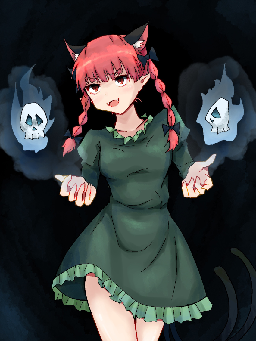 1girl :d animal_ears bow braid cat_ears cat_tail dark_background dress extra_ears green_dress highres hitodama kaenbyou_rin komechi_satoshi multiple_tails red_eyes redhead simple_background skull smile solo tail touhou twin_braids two_tails