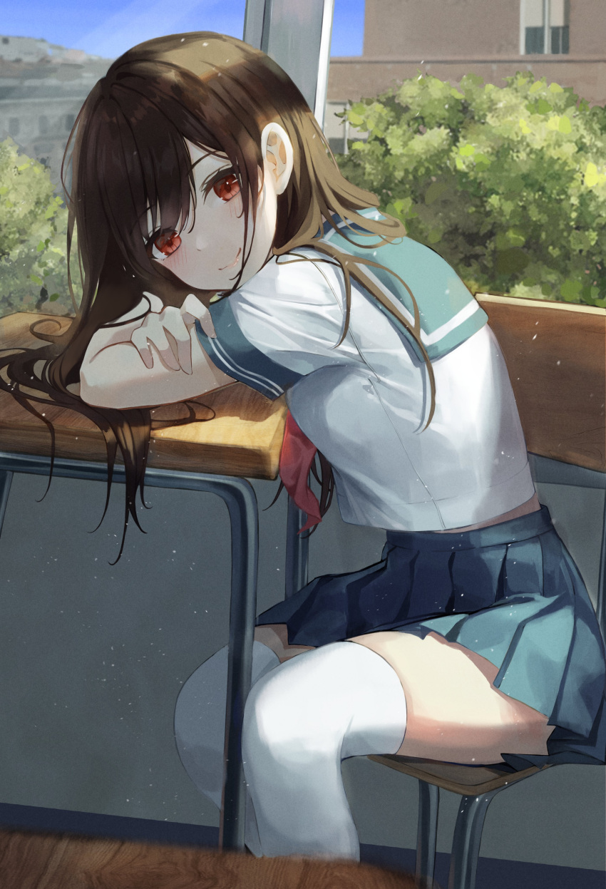 1girl absurdres ascot bangs blue_sailor_collar blue_skirt blue_sky blush breasts brown_hair bush classroom clear_sky closed_mouth feet_out_of_frame head_on_arm highres light light_particles long_hair looking_at_viewer mas_(maseu) medium_breasts on_chair original pleated_skirt red_ascot red_eyes sailor_collar school_uniform serafuku shirt short_sleeves sitting skirt sky smile solo swept_bangs table thigh-highs white_shirt white_thighhighs window