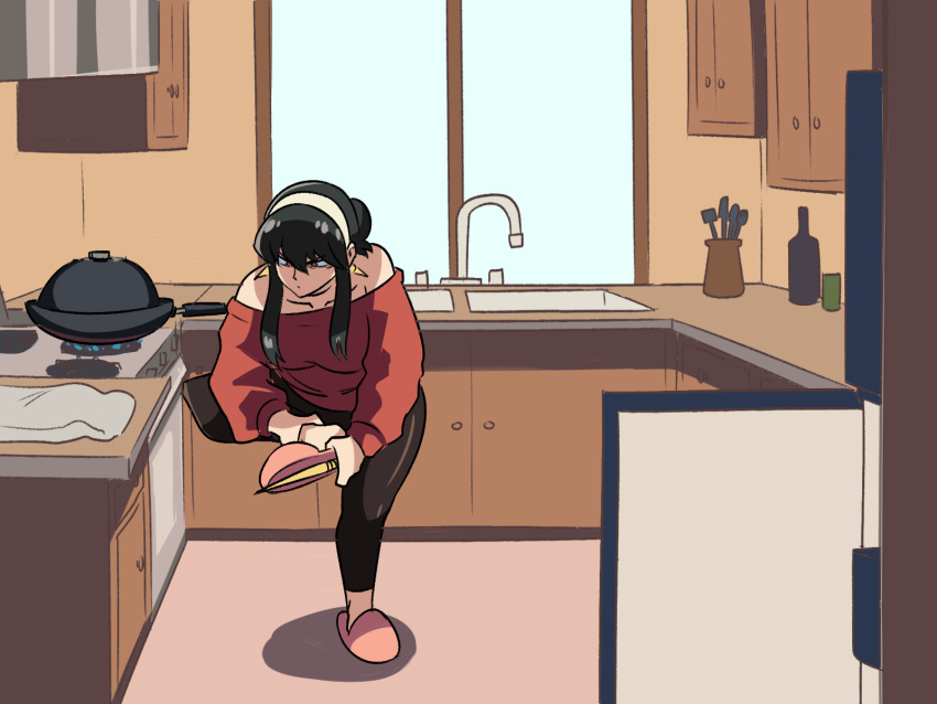 1girl bare_shoulders black_hair cooking dog dress green_eyes hairband highres kitchen meme multiple_girls pants shirt sink slippers spy_x_family stove tina_fate window wok yoga_pants yor_briar