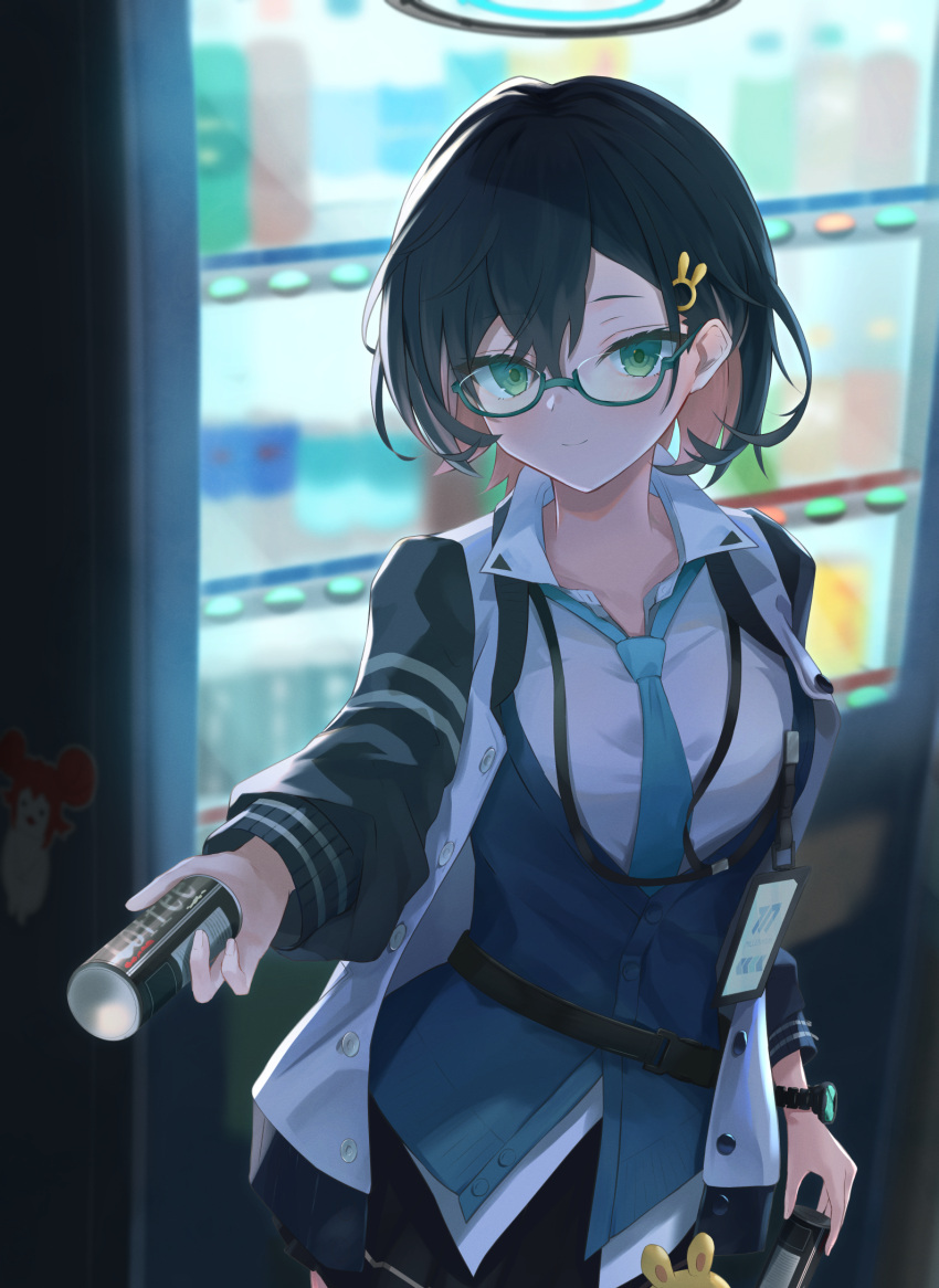 1girl aqua-framed_eyewear black_hair blue_archive blue_cardigan blue_necktie blue_sweater_vest blush breasts can cardigan chihiro_(blue_archive) green_eyes gushiya_usagi hair_ornament halo highres holding holding_can id_card jacket looking_at_viewer multicolored_clothes multicolored_jacket necktie open_collar outdoors rabbit_hair_ornament semi-rimless_eyewear sweater_vest two-tone_jacket under-rim_eyewear watch watch