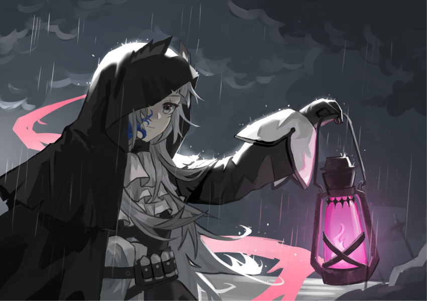 1girl absurdres arknights ascot belt black_dress black_gloves closed_mouth clouds cloudy_sky dress fire gloves grey_eyes grey_hair head_wings highres holding holding_lantern hood hood_up irene_(arknights) lantern long_hair long_sleeves looking_at_viewer outdoors purple_fire rain sky smile solo spoilers tentacles upper_body white_ascot xhcohiyc