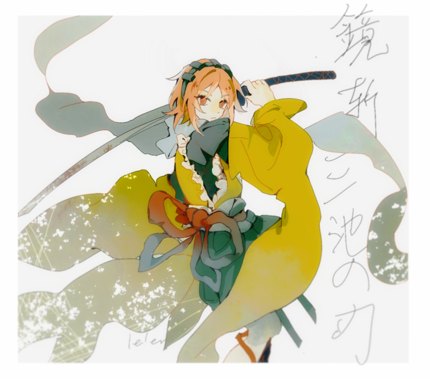 1other androgynous chinese_commentary closed_mouth commentary_request frills frown grey_hairband hairband highres holding holding_sword holding_weapon japanese_clothes len'en long_sleeves medium_hair obi orange_eyes orange_hair red_ribbon ribbon sash shengji solo sword translation_request weapon zuifeng_tenkai