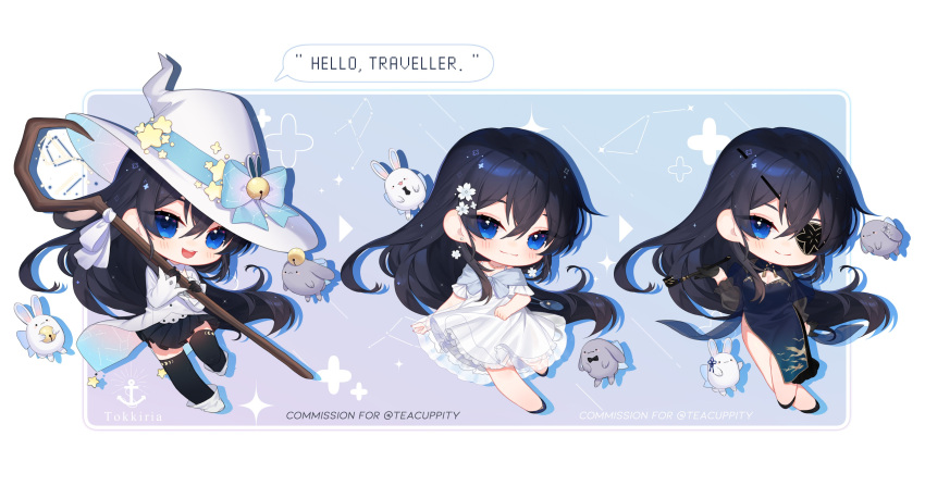 absurdres artist_name bangs black_hair black_thighhighs blue_eyes boots chibi commission english_text expressions full_body hat highres indie_virtual_youtuber long_hair rabbit seol_(teacuppity) smile speech_bubble thigh-highs tokkiria variations witch_hat