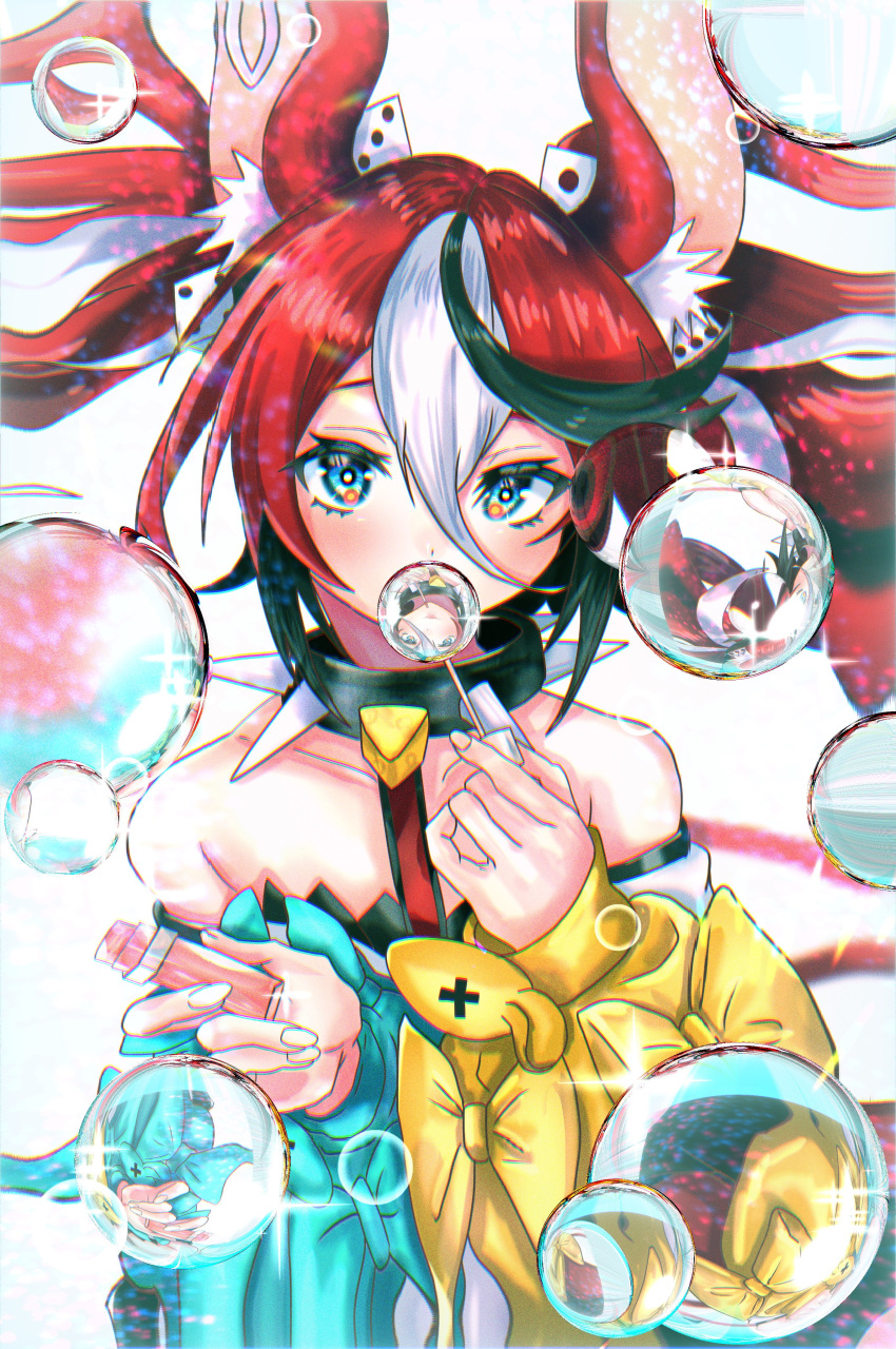 1girl absurdres animal_ears asymmetrical_sleeves blue_eyes bubble bubble_blowing collar dice_hair_ornament hair_ornament hakos_baelz highres hololive hololive_english mouse_ears mouse_girl multicolored_hair redhead spiked_collar spikes streaked_hair terra_bose twintails virtual_youtuber