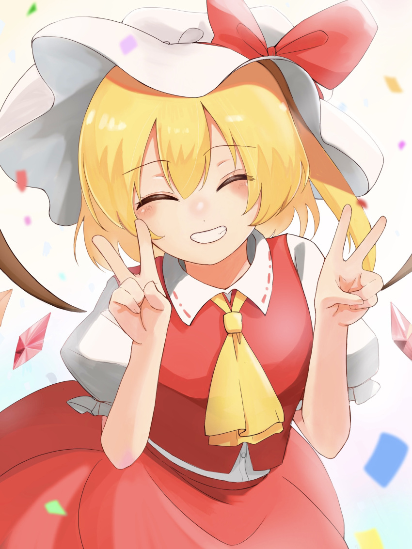 1girl ascot bangs blonde_hair blue_background blush bow breasts buttons closed_eyes closed_mouth collared_shirt commentary_request confetti crystal double_v flandre_scarlet gradient gradient_background hair_between_eyes hands_up happy hat hat_bow highres jewelry medium_breasts mob_cap multicolored_background multicolored_wings one_side_up puffy_short_sleeves puffy_sleeves purple_background red_bow red_skirt red_vest shirt short_hair short_sleeves skirt skirt_set smile solo standing teeth touhou user_pjcx5522 v vest white_background white_headwear white_shirt wings yellow_ascot yellow_background