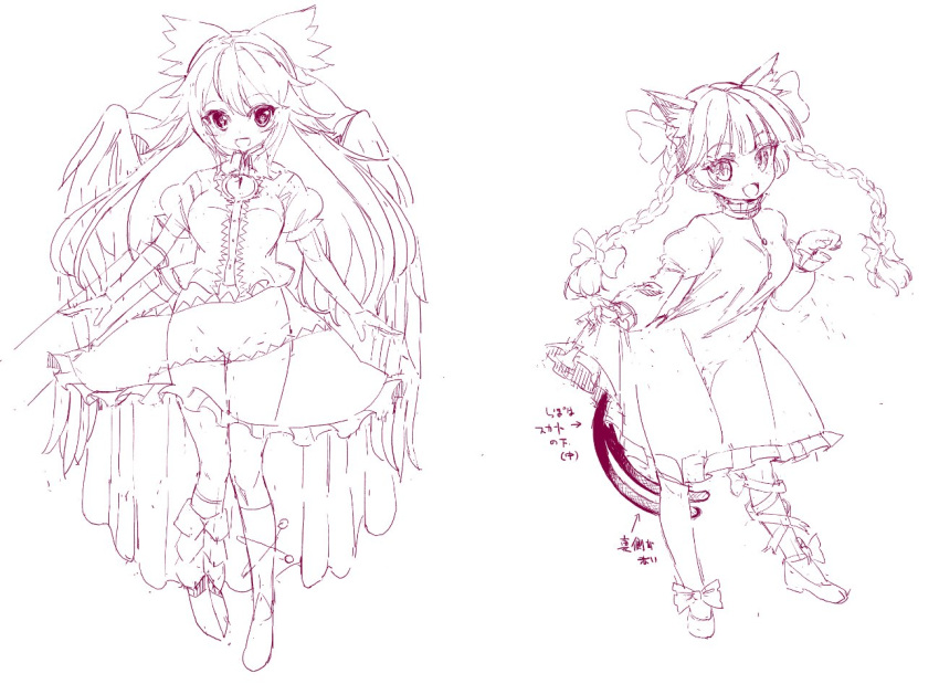 2girls :d animal_ears bow braid cat_ears contrapposto dress forked_tail hair_bow hamaburicchi kaenbyou_rin long_hair monochrome multiple_girls nekomata reiuji_utsuho sketch smile tail touhou twin_braids wings