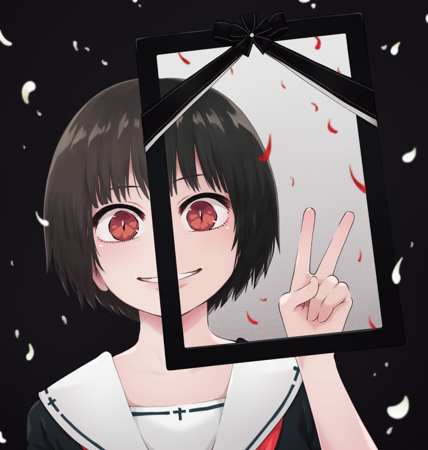 1girl bangs black_background black_hair cross hand_up highres iei looking_at_viewer original parted_lips petals portrait red_eyes sailor_collar short_hair slit_pupils smile solo v white_sailor_collar yajirushi_(chanoma)