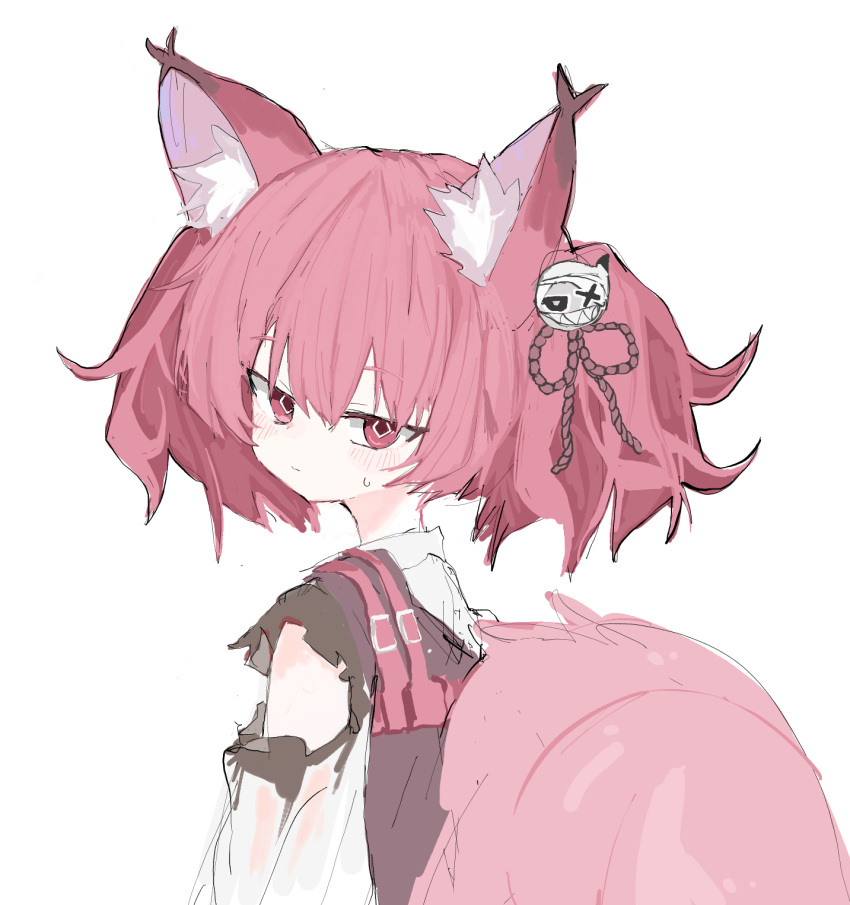 animal_ear_fluff animal_ears arknights bangs blush closed_mouth fox_ears fox_girl fox_tail from_side hair_between_eyes highres looking_at_viewer looking_to_the_side red_eyes redhead sanma_(tabet_) shamare_(arknights) shirt simple_background sweat tail torn_clothes torn_shirt twintails white_background white_shirt