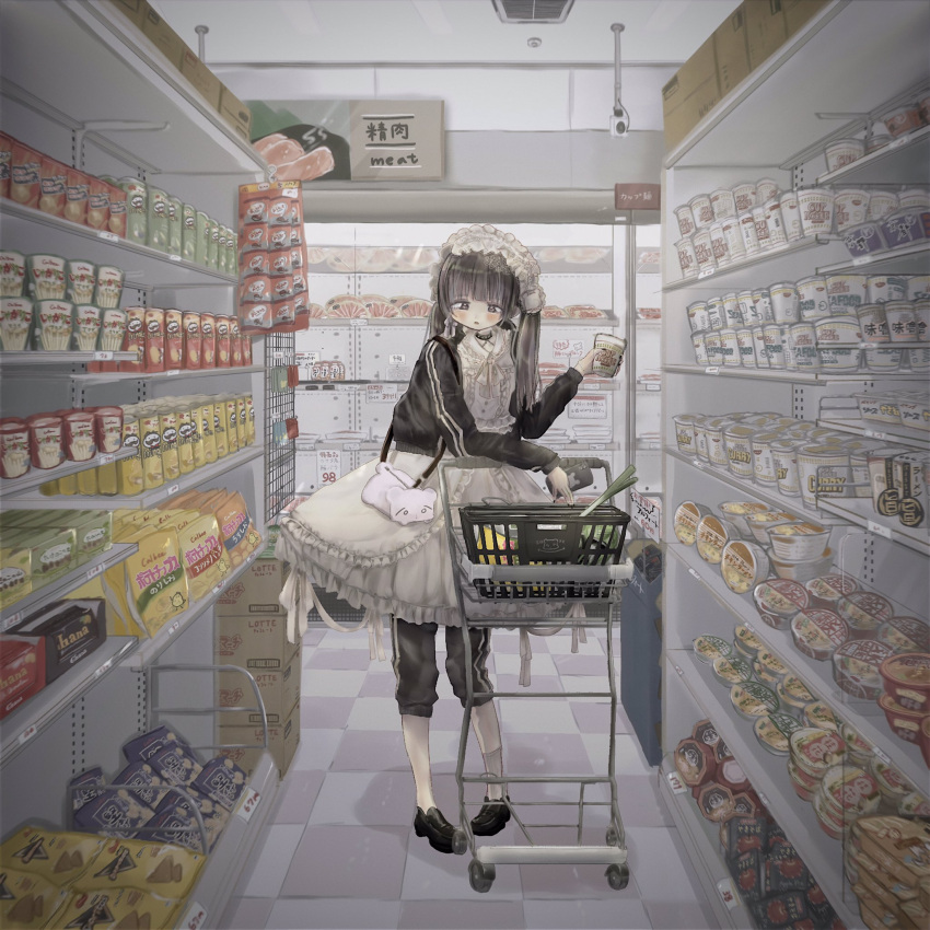 1girl animal_bag apron bag_of_chips bangs black_footwear black_pants black_sleeves brown_eyes brown_hair curry doritos dress food highres holding holding_food indoors lotte maid_apron maid_headdress meat pants pringles pringles_can scenery shinanashina shop shopping shopping_cart single_sock socks spring_onion striped_sleeves twintails white_dress