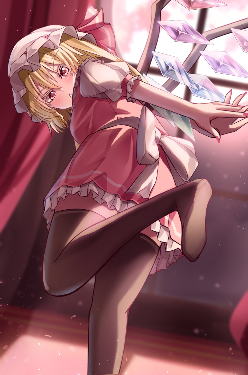 1girl ascot blonde_hair collared_shirt crystal fang flandre_scarlet frilled_shirt_collar frilled_skirt frilled_sleeves frills hat highres looking_at_viewer looking_back maboroshi_mochi medium_hair mob_cap no_shoes one_side_up own_hands_together puffy_short_sleeves puffy_sleeves red_eyes red_skirt red_vest shirt short_sleeves skirt skirt_set slit_pupils solo thigh-highs touhou vest white_headwear white_shirt window wings wrist_cuffs yellow_ascot