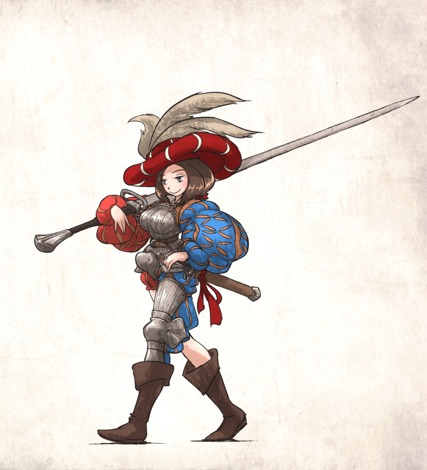 1girl armor blue_eyes boots breastplate brown_footwear brown_hair closed_mouth codpiece english_commentary from_side full_body greaves hat highres holding holding_sword holding_weapon jitome landsknecht long_sleeves original puffy_long_sleeves puffy_sleeves sheath short_hair simple_background single_greave smile solo sword vanishlily walking weapon zweihander