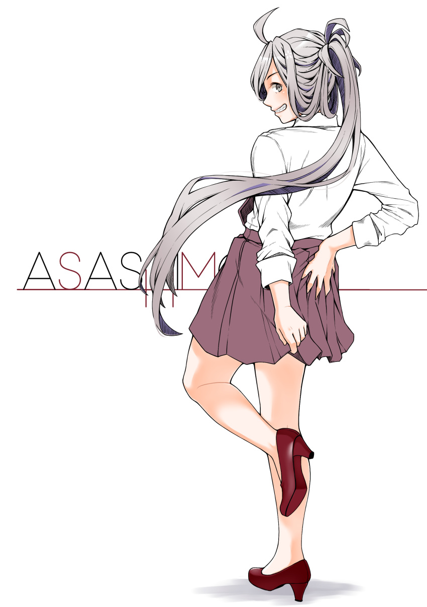 1girl absurdres ahoge asashimo_(kancolle) bare_legs character_name commentary_request dress dress_shirt from_behind full_body grey_eyes grin halter_dress halterneck high_heels highres kantai_collection long_hair long_sleeves looking_at_viewer pleated_dress ponytail purple_dress red_footwear sharp_teeth shirt simple_background smile solo tamaki. teeth white_background white_shirt