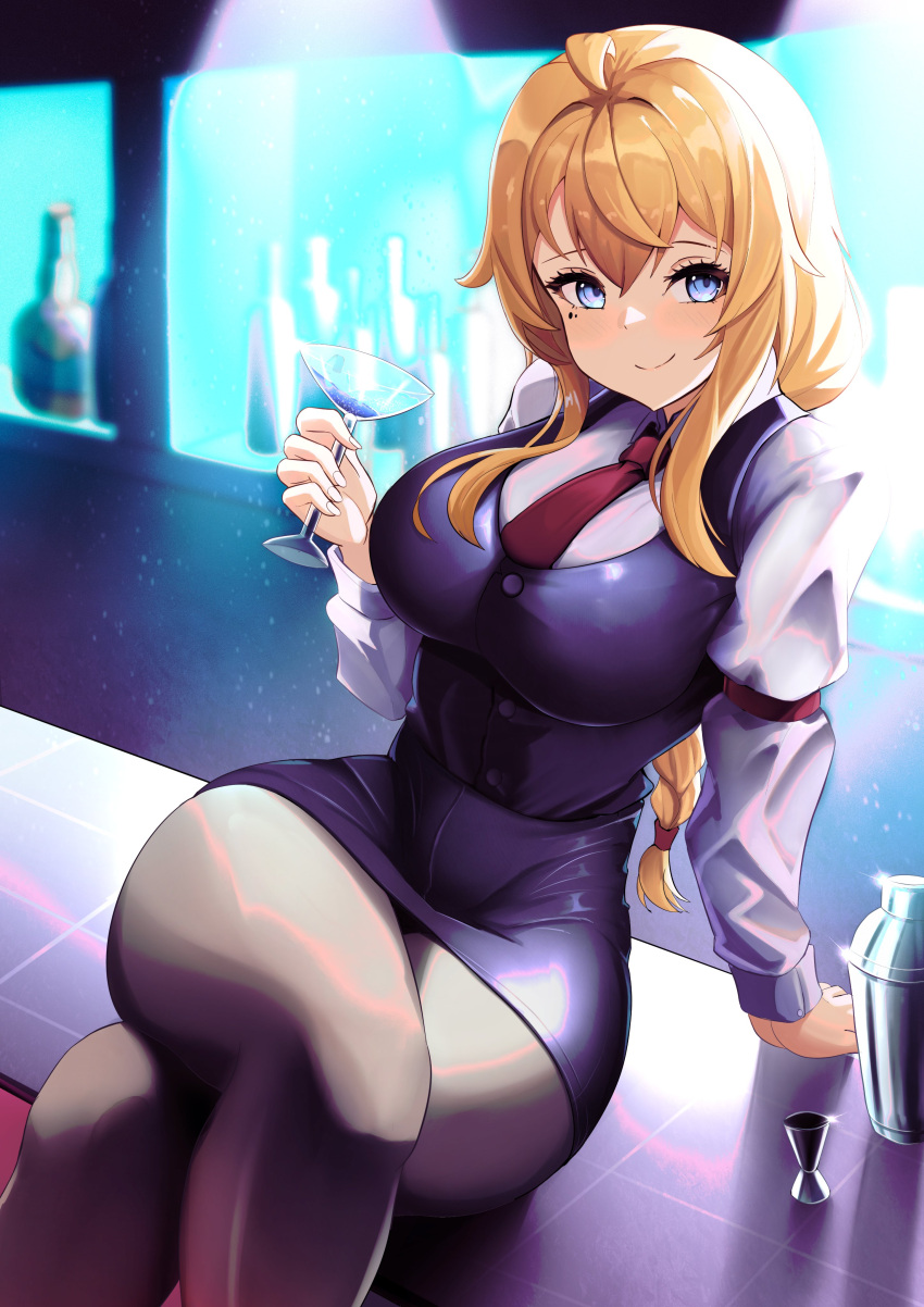 1girl absurdres ahoge bar blonde_hair blouse blue_eyes blush braid breasts cocktail_glass cosplay crossed_legs cup drinking_glass highres indie_virtual_youtuber jill_stingray jill_stingray_(cosplay) large_breasts looking_at_viewer miniskirt mole necktie pantyhose pencil_skirt red_armband red_necktie shirt sitting_on_bar skirt smile solo thighs va-11_hall-a waistcoat whiskey_project white_shirt yan_kodiac