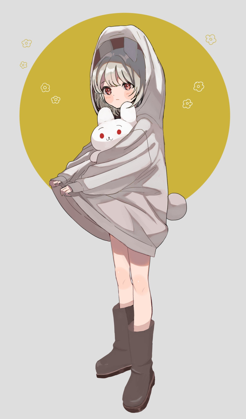 1girl absurdres animal_ears bangs black_footwear blush_stickers boots closed_mouth commentary eyebrows_hidden_by_hair full_body grey_background grey_hair grey_hoodie highres hood hood_up hoodie long_sleeves looking_at_viewer maple_(abc2215) original puffy_long_sleeves puffy_sleeves rabbit_ears rabbit_tail red_eyes sleeves_past_wrists solo standing stuffed_animal stuffed_bunny stuffed_toy symbol-only_commentary tail two-tone_background yellow_background