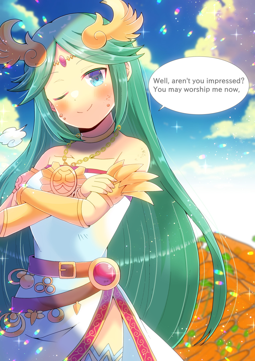 1girl ;) bare_shoulders carrot commissioner_upload crossed_arms doyagao english_text food_on_face green_eyes green_hair humor kid_icarus_uprising kou_hiyoyo long_dress looking_at_viewer necklace palutena palutena's_revolting_dinner parted_bangs side_slit sidelocks single_thighhigh skeb_commission sleeveless_dress smug solo solo_female speech_bubble strapless_dress very_long_hair white_dress white_thighhighs