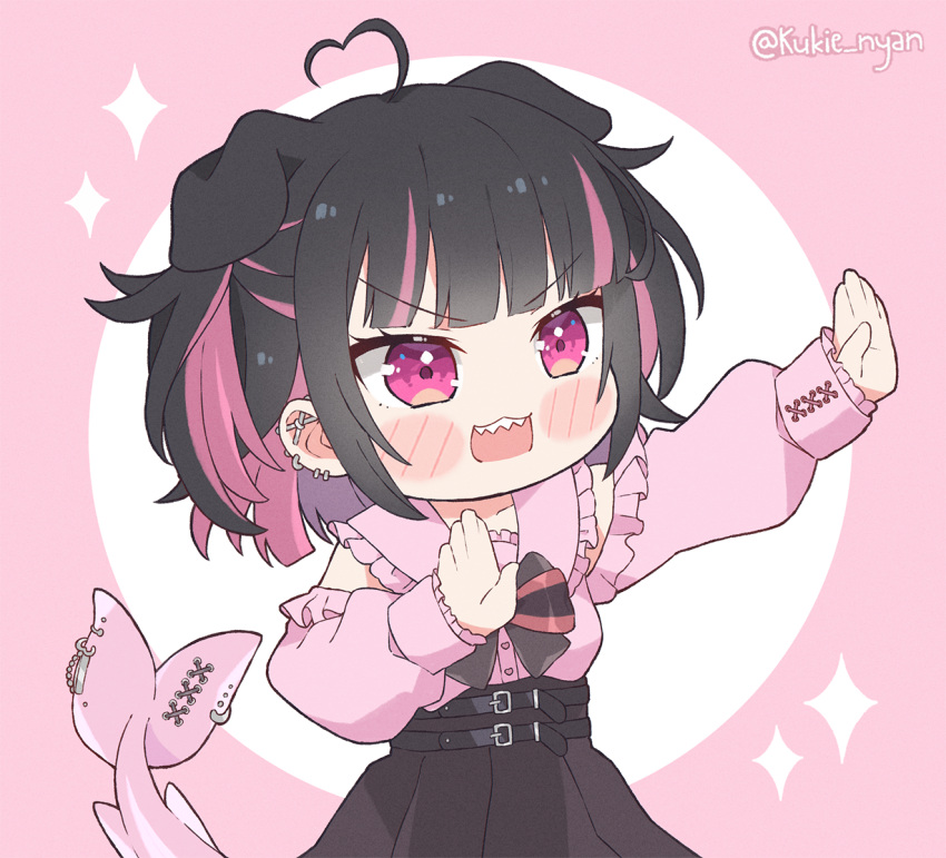 1boy ahoge bangs barbell_piercing black_hair black_skirt blunt_bangs blush_stickers chibi colored_inner_hair commentary english_commentary fish_tail frilled_sailor_collar frilled_shirt_collar frills hair_behind_ear heart heart_ahoge highres indie_virtual_youtuber jirai_kei kukie-nyan long_sleeves male_focus moenaomii multicolored_hair otoko_no_ko piercing pink_eyes pink_hair pink_sailor_collar pink_shirt sailor_collar shark_boy shark_tail sharp_teeth shirt short_hair skirt solo streaked_hair tail tail_ornament tail_piercing teeth twitter_username two_side_up upper_body v-shaped_eyebrows virtual_youtuber