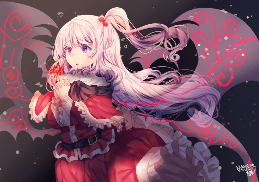 1girl black_background black_wings capelet flower hair_bobbles hair_ornament highres holding holding_flower kemo_chiharu long_hair multiple_wings one_side_up own_hands_together pink_eyes red_capelet red_shirt red_skirt shinki_(touhou) shirt signature skirt solo touhou touhou_(pc-98) white_hair wings