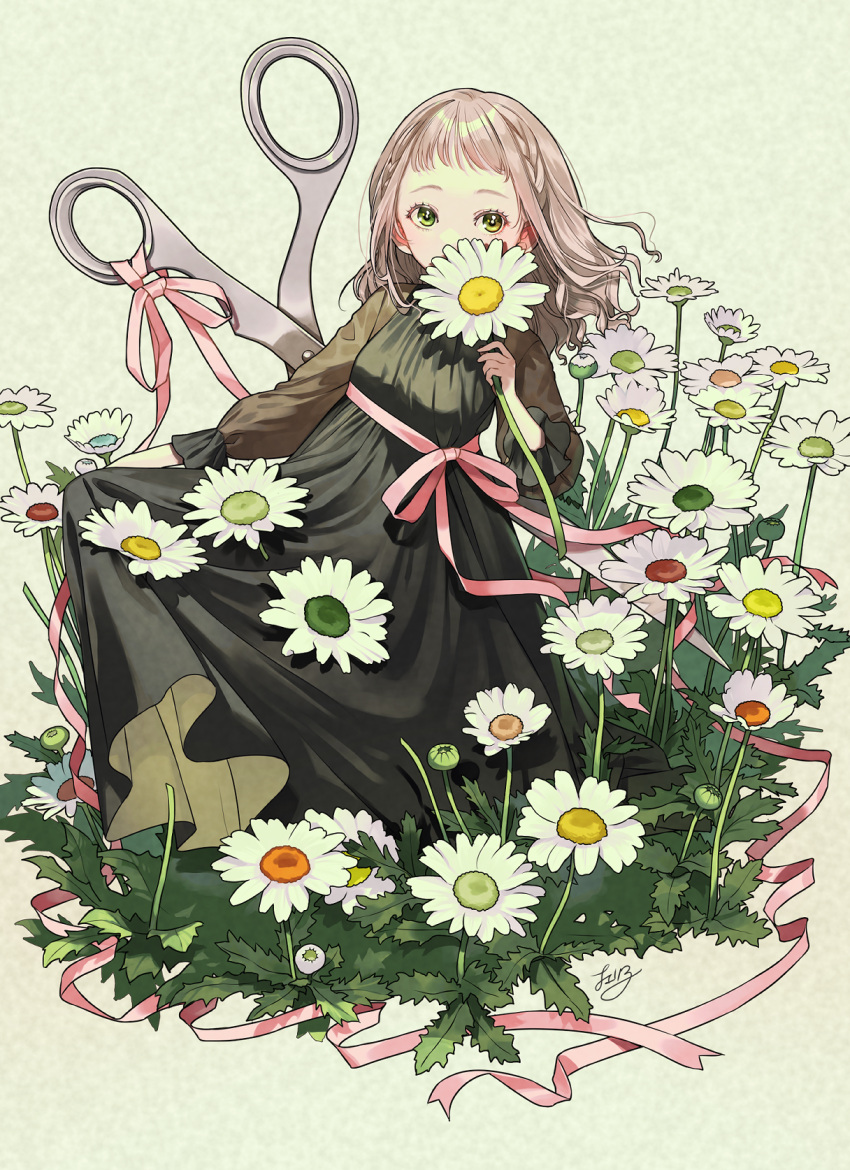 1girl bangs black_dress cherico clothes_lift dress dress_lift flower grass green_eyes grey_hair highres holding holding_flower lifted_by_self long_sleeves looking_at_viewer medium_hair on_grass original pink_ribbon ribbon scissors simple_background solo white_background white_flower