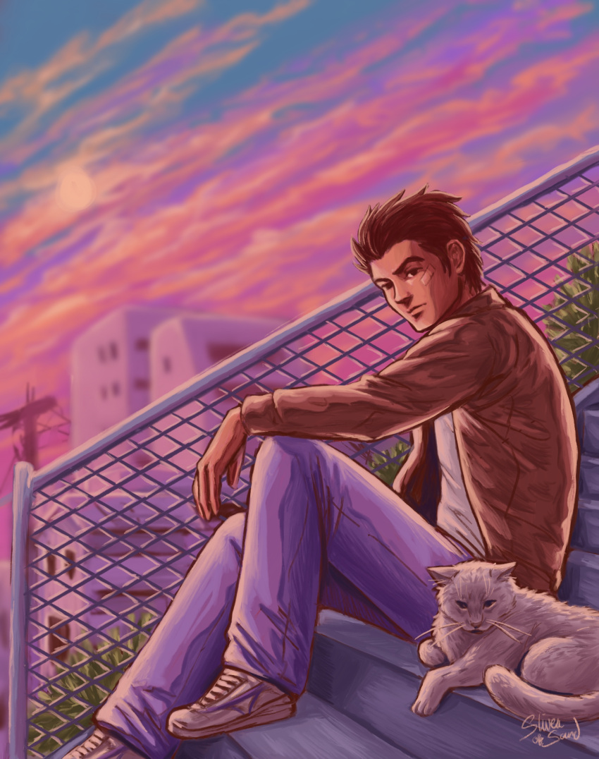 1boy 1other absurdres arm_on_knee bandage_on_face bandages brown_eyes brown_hair brown_jacket bush cat chain-link_fence cityscape closed_mouth clouds cloudy_sky denim expressionless fence hazuki_ryou highres jacket jeans knee_up looking_at_viewer open_hand outdoors pants purple_sky shenmue shirt shoes sideburns signature sitting sky sliverofsand sneakers spiky_hair stairs sunset t-shirt thick_eyebrows white_footwear white_shirt