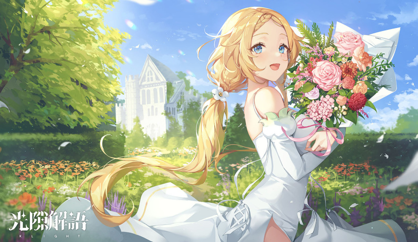 1girl bangs blonde_hair blue_eyes blue_sky bouquet braid character_request clouds copyright_request dress flower hair_flower hair_ornament holding holding_bouquet house long_hair looking_at_viewer low_twintails official_art open_mouth orange_flower outdoors parted_bangs pink_flower pink_rose red_flower rose side_slit sky solo tree ttosom twintails very_long_hair white_dress white_flower