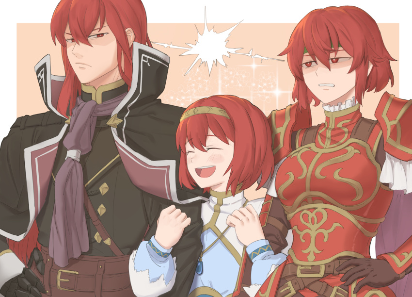 1boy 2girls :d angry arm_hug armor belt brother_and_sister brown_gloves clenched_teeth closed_eyes coat disgust dress ebinku fire_emblem fire_emblem:_mystery_of_the_emblem fire_emblem:_shadow_dragon frown gauntlets glaring gloves green_headband hairband headband highres looking_at_another maria_(fire_emblem) medium_hair michalis_(fire_emblem) minerva_(fire_emblem) multiple_girls open_mouth pink_background red_armor red_eyes redhead scowl shaded_face short_hair siblings simple_background sisters smile teeth turtleneck_dress upper_body v-shaped_eyebrows white_dress