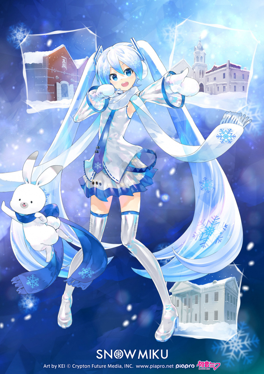 1girl blue_background blue_eyes blue_hair blue_necktie blue_scarf boots building character_name commentary detached_sleeves earmuffs full_body grey_skirt grey_sleeves grey_thighhighs hair_ornament hands_up hatsune_miku headset high_heels highres kei_(keigarou) light_blue_hair logo long_hair looking_at_viewer mittens necktie official_art open_mouth outstretched_arm rabbit rabbit_yukine scarf second-party_source shiny shiny_clothes shirt skirt sleeveless sleeveless_shirt smile snowflake_background snowflake_print snowflakes thigh-highs thigh_boots twintails upper_body very_long_hair vocaloid white_mittens white_scarf white_shirt yuki_miku yuki_miku_(2011)