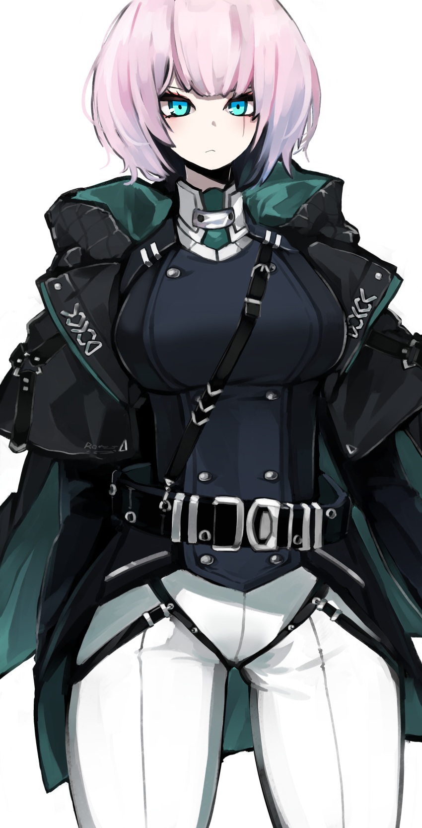 1girl absurdres arms_behind_back bangs belt blue_eyes breasts counter:side ella_(counter:side) green_jacket highres jacket large_breasts light_frown long_sleeves looking_at_viewer medium_hair pants shirt solo standing strap white_hair zanlyu