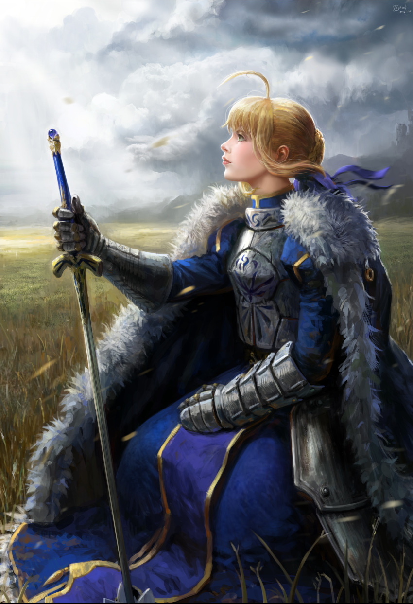 1girl absurdres ahoge armor armored_dress artoria_pendragon_(fate) blonde_hair blue_cape blue_dress braid braided_bun cape clouds cloudy_sky dress elvafirst excalibur_(fate/stay_night) fate/stay_night fate_(series) fur-trimmed_cape fur_trim gauntlets grass green_eyes hair_bun highres profile realistic saber single_hair_bun sky solo squatting sword weapon